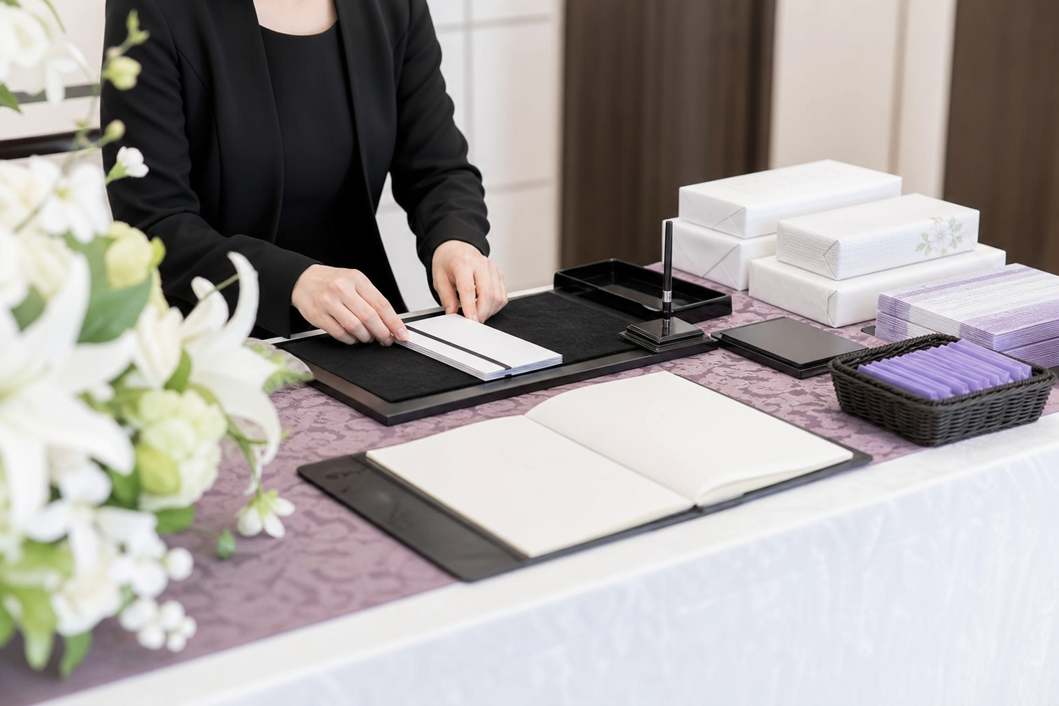 葬儀受付の机に芳名帳と返礼品を整える場面