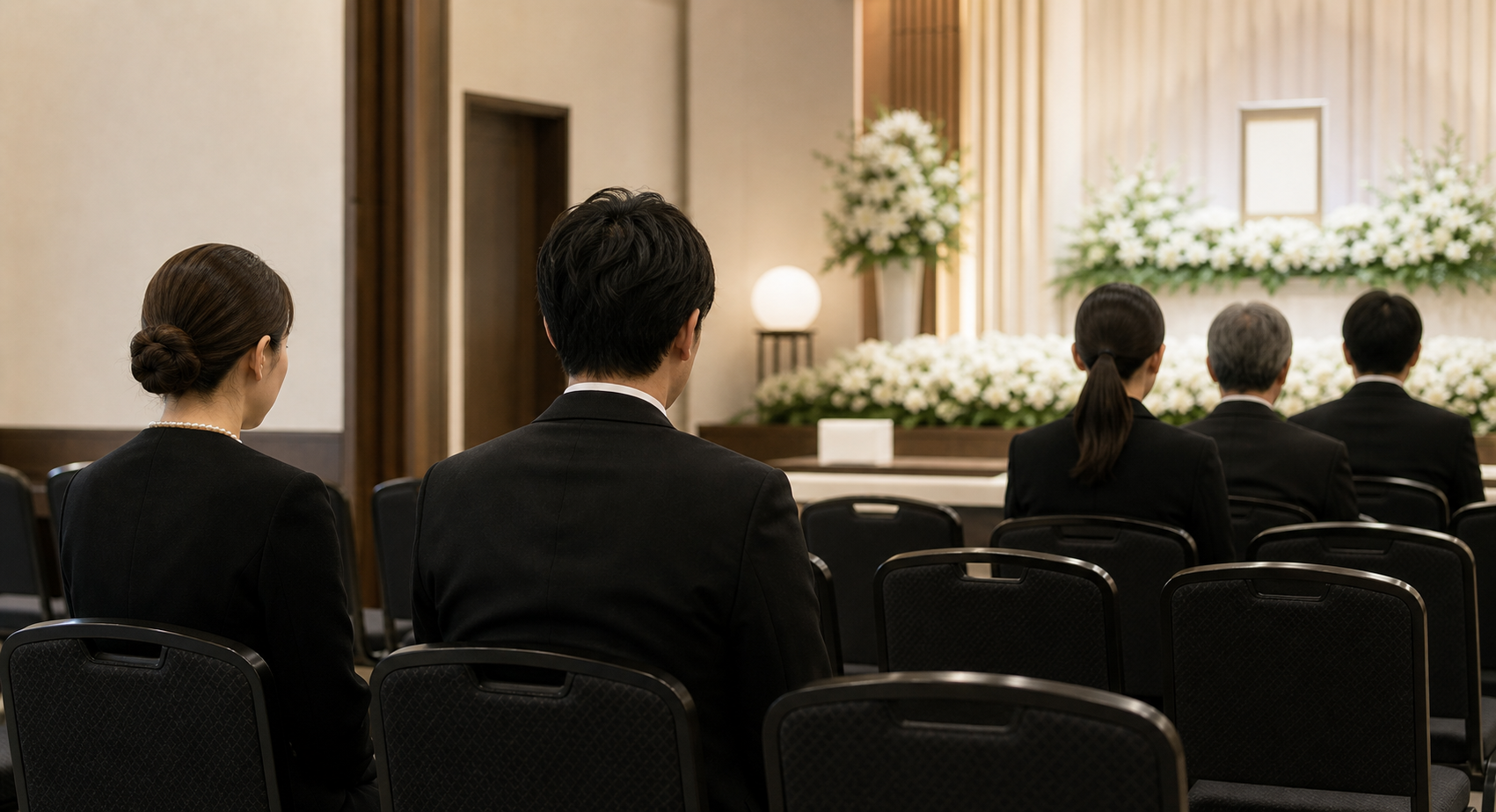 葬儀会館の親族席に静かに着席する遺族