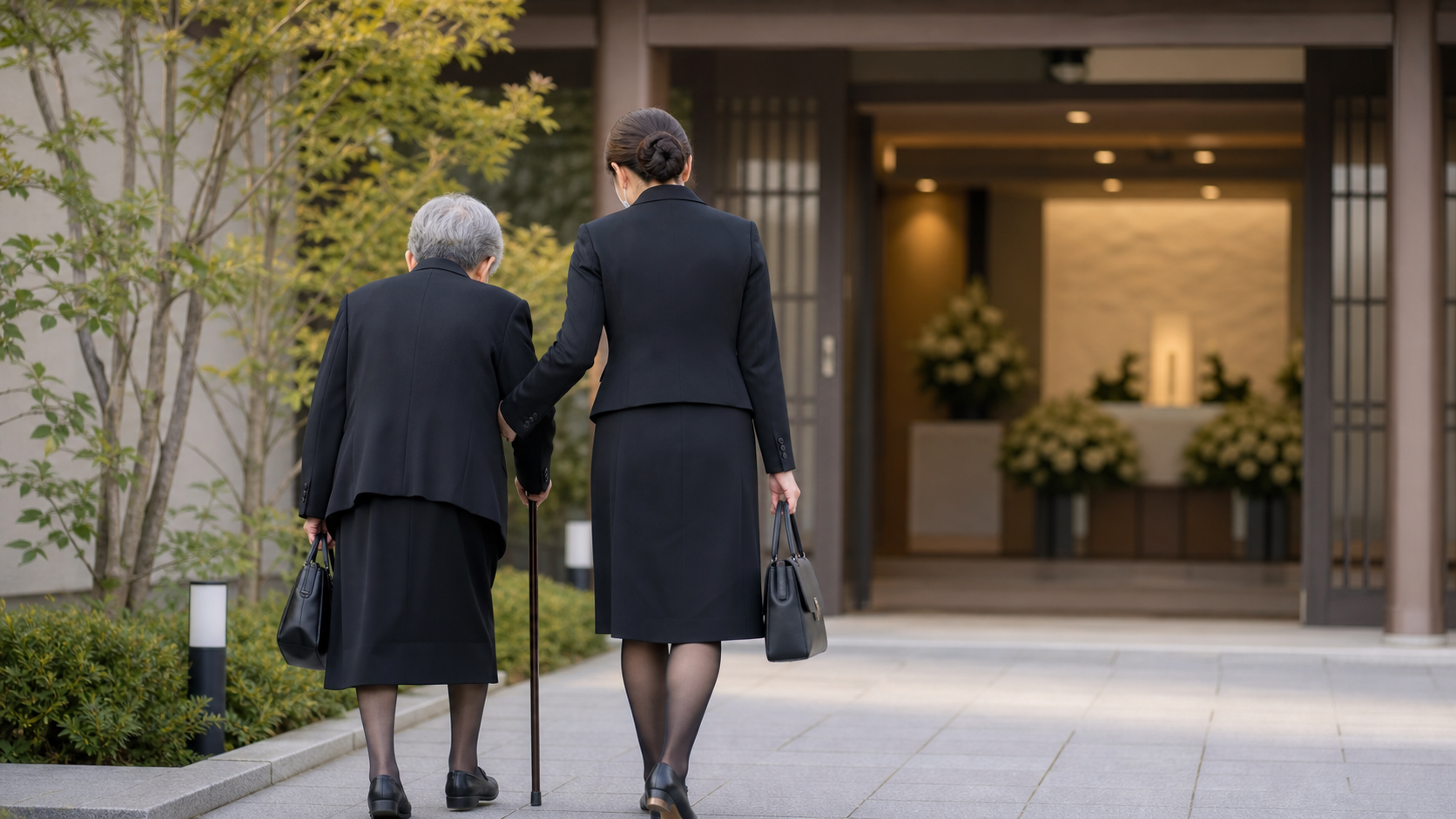 葬儀会館へ付き添いと向かう高齢の参列者