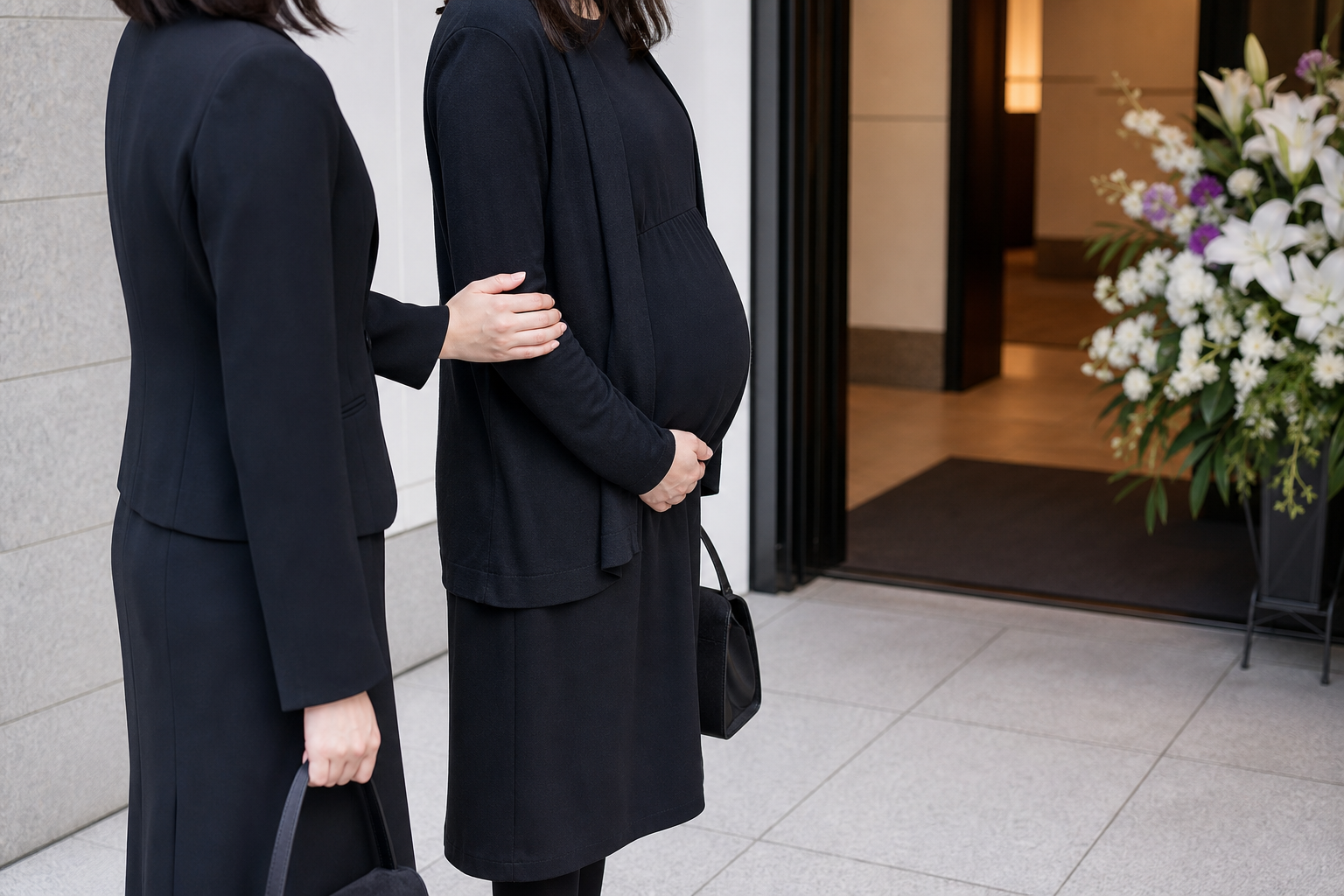 葬儀会館の入口で付き添いと立つ妊娠中の参列者
