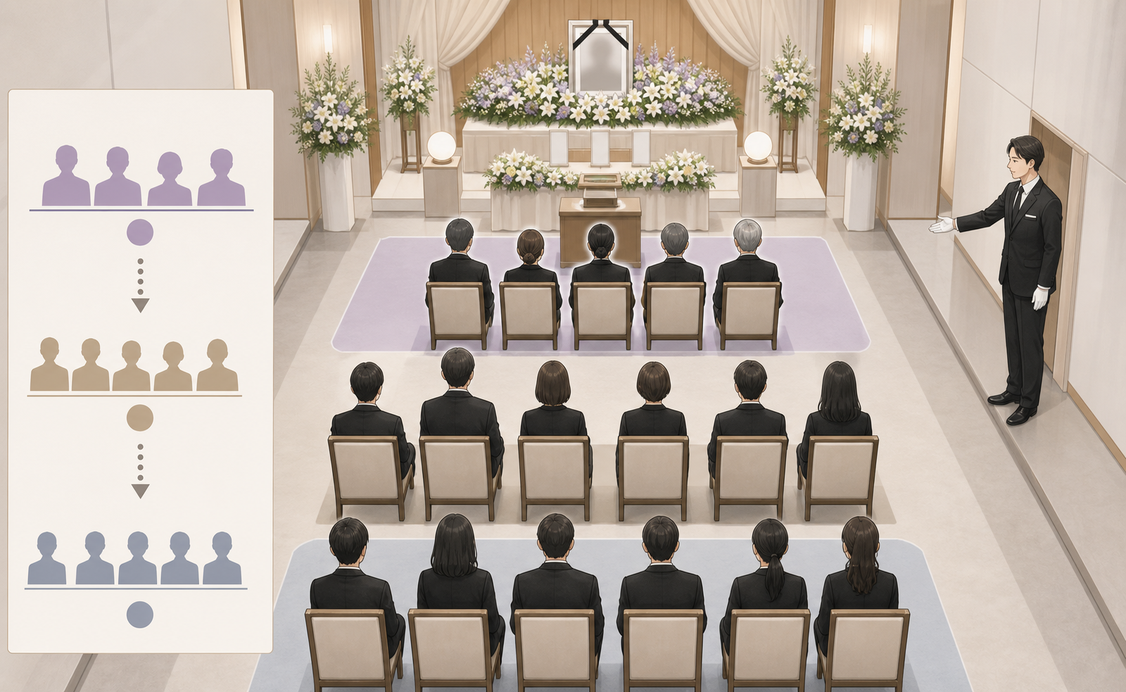葬儀会場で親族席と一般席を分ける座席配置の図解