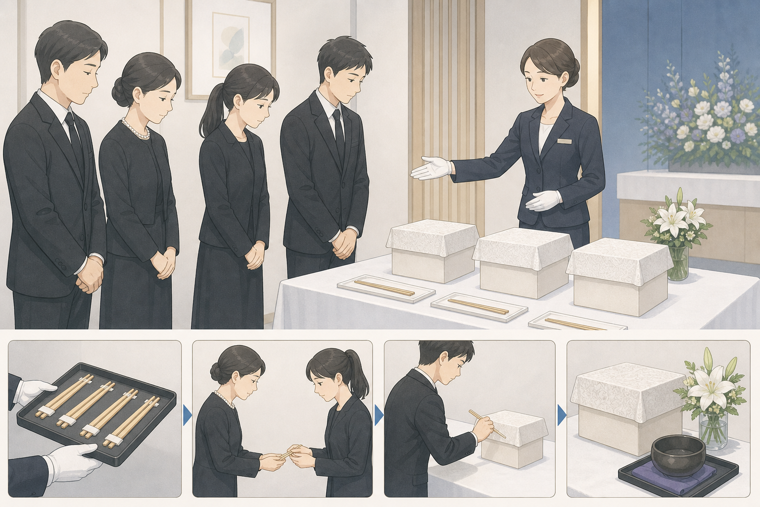 骨上げの場で職員の案内を受ける親族を非写実的に示した挿絵