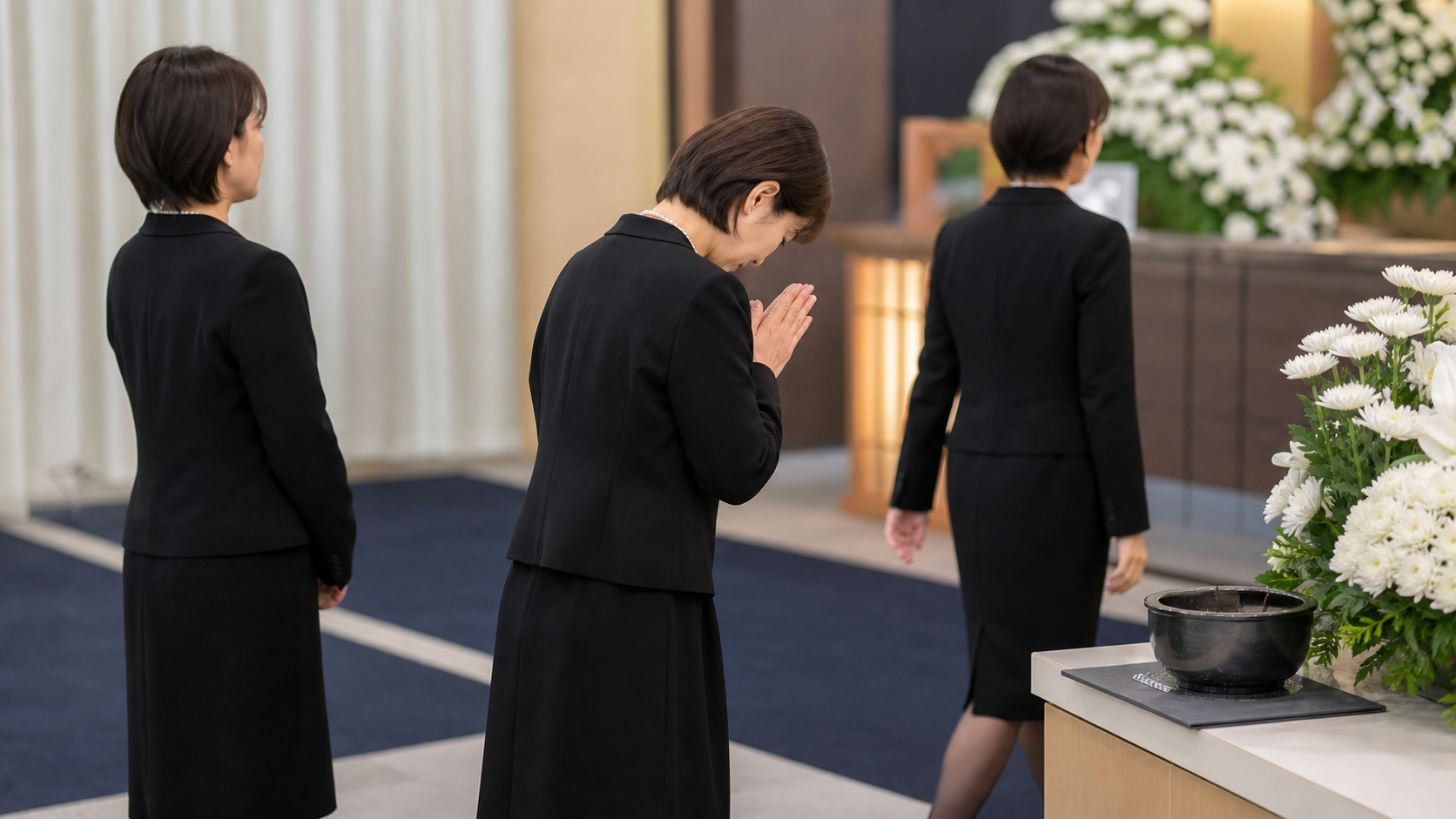 焼香台の前で順番に進み合掌する参列者