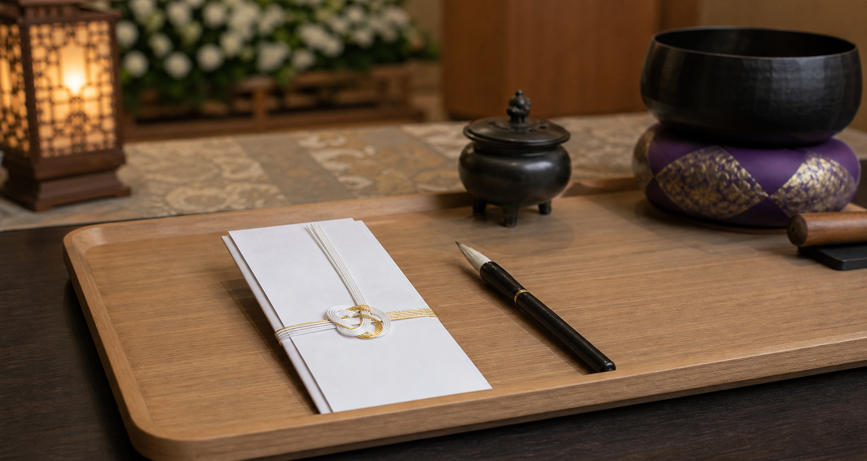 納骨式のお布施として白封筒と筆ペンを整えた机上