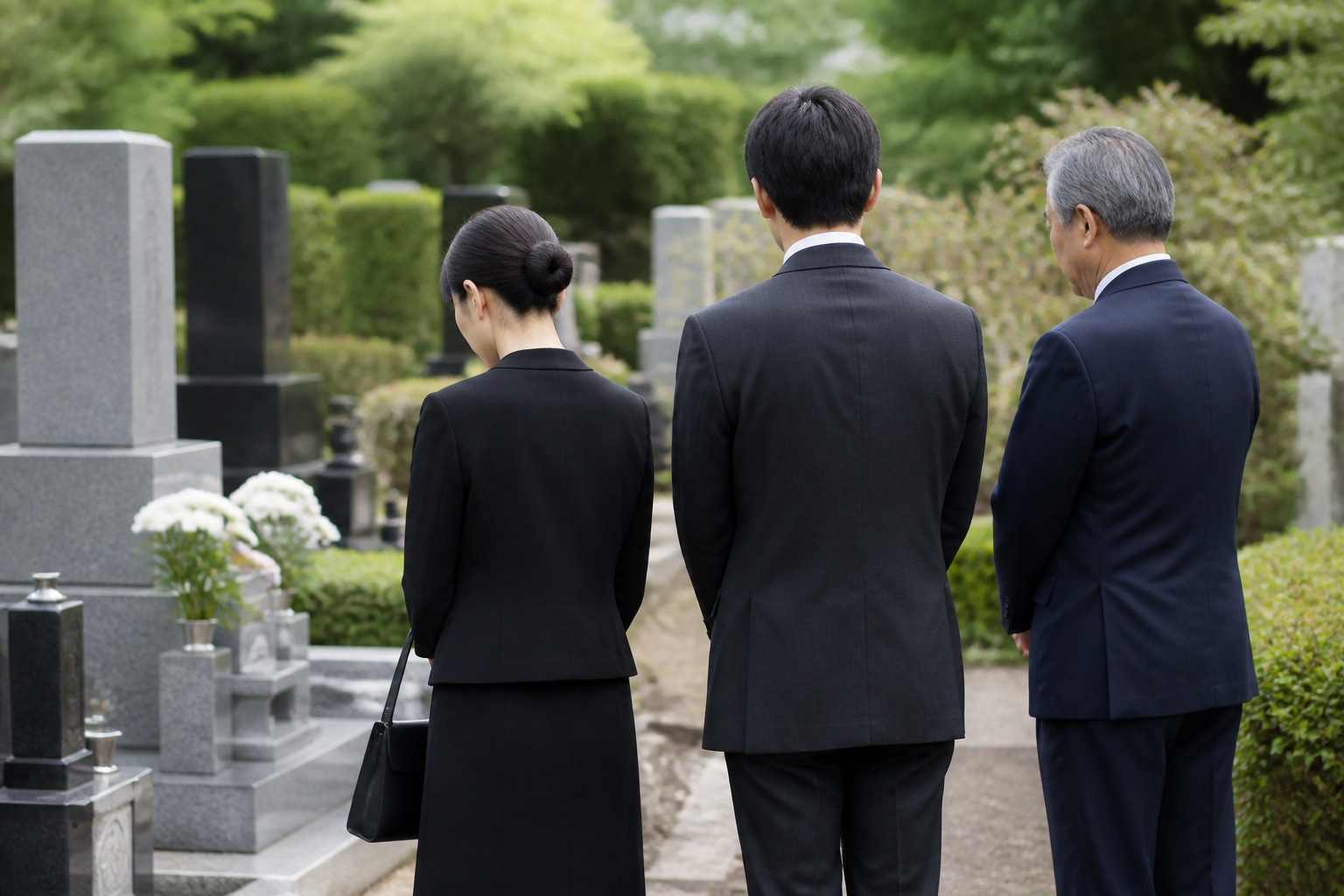 屋外墓地で黒や濃紺の平服を着た家族