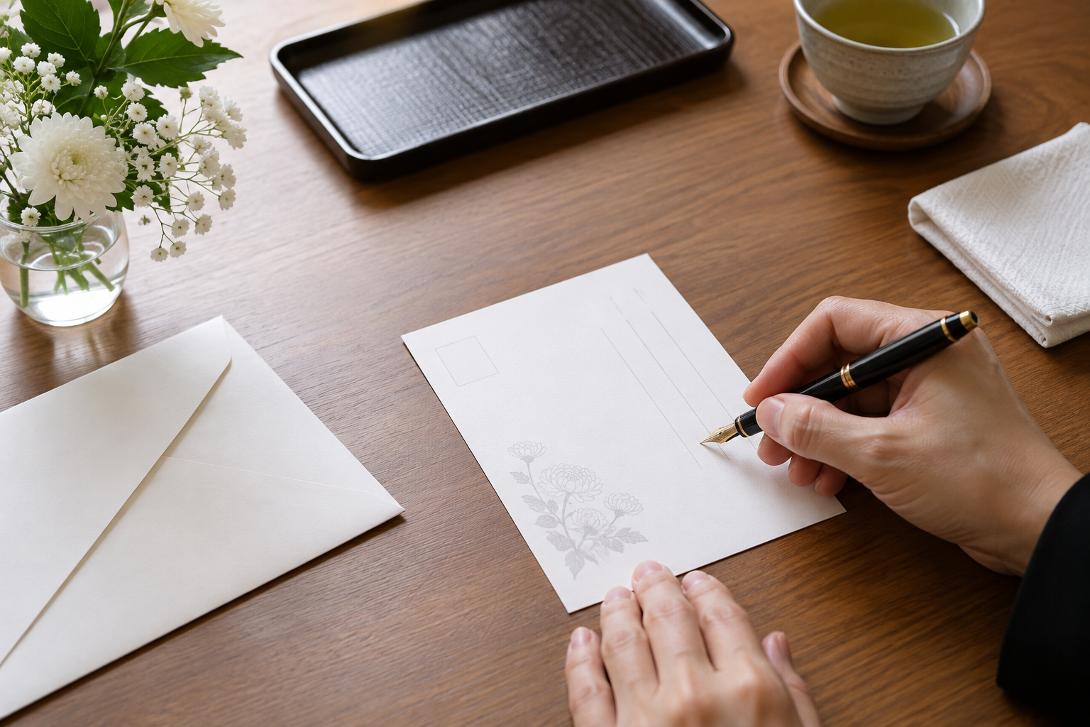 法事の返信はがきを静かに書く手元と白い花