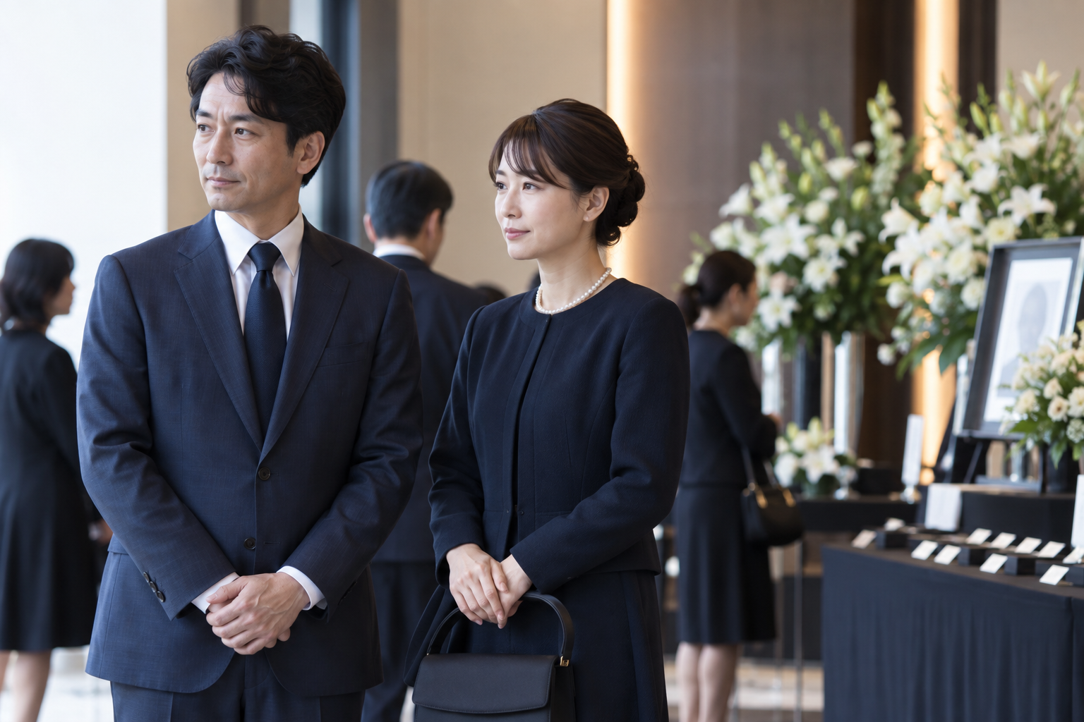 お別れの会の会場で落ち着いた平服の参列者