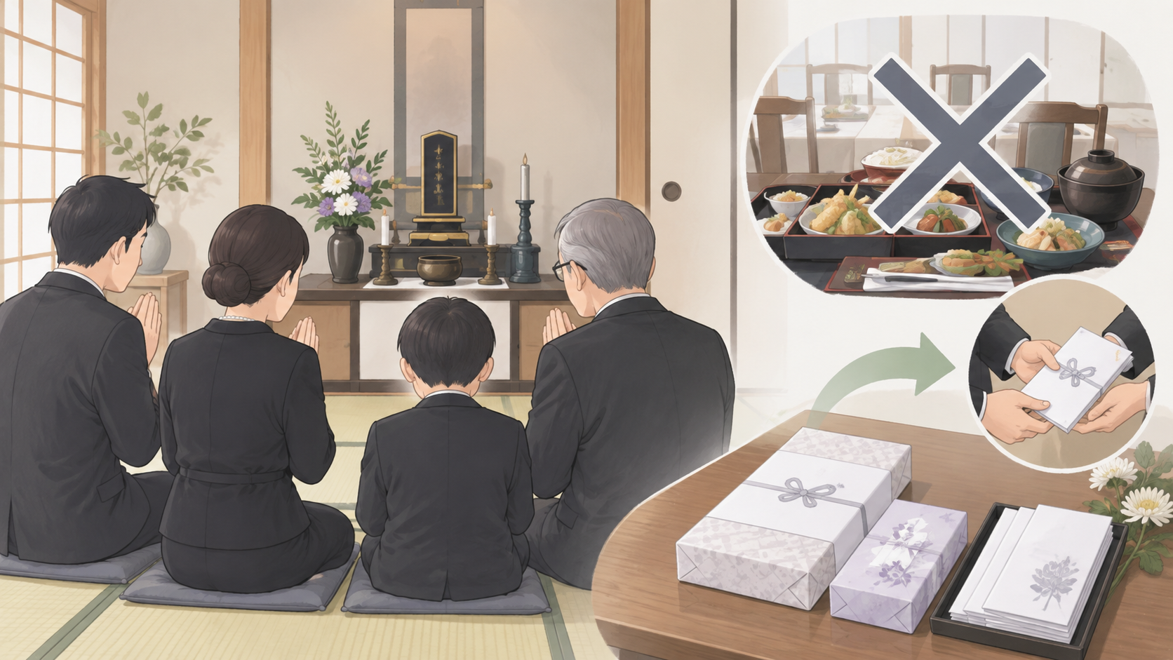 法事の引き出物なしを判断するための家族法要の挿絵